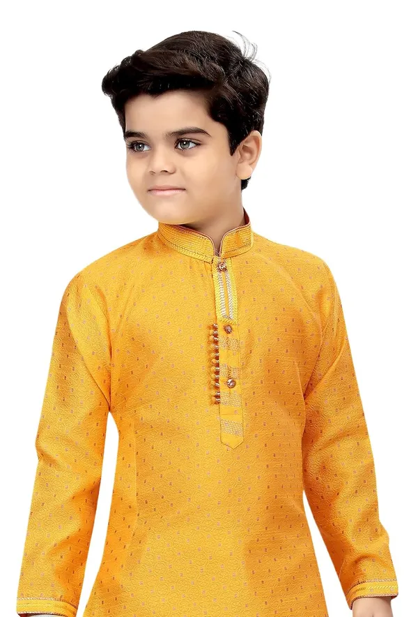 Yellow_Boys_Traditional_Printex_Silk_Kurta_Pyjama_Set