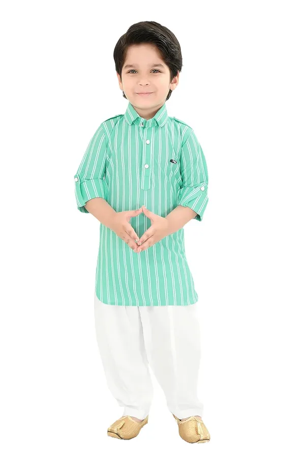 Turquoise_Striped_Cotton_Boys_Pathani_Suit
