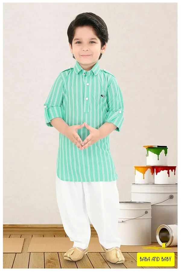 Turquoise_Striped_Cotton_Boys_Pathani_Suit