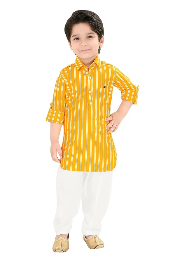 Yellow_Striped_Cotton_Boys_Pathani_Suit
