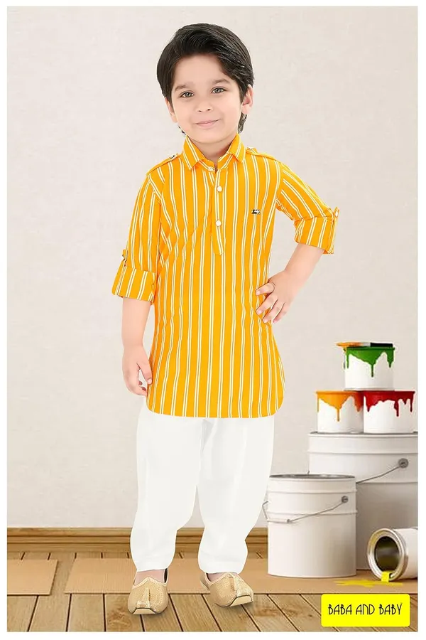 Yellow_Striped_Cotton_Boys_Pathani_Suit