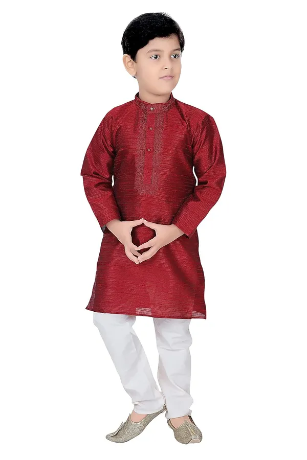 Maroon_Zari_Work_Kurta_Pyjama_Set_For_Kids