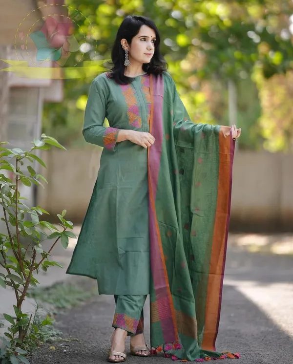 Green_Khadi_Cotton_Kurta_and_Pant_With_Linen_Dupatta_For_Women