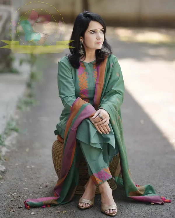 Green_Khadi_Cotton_Kurta_and_Pant_With_Linen_Dupatta_For_Women