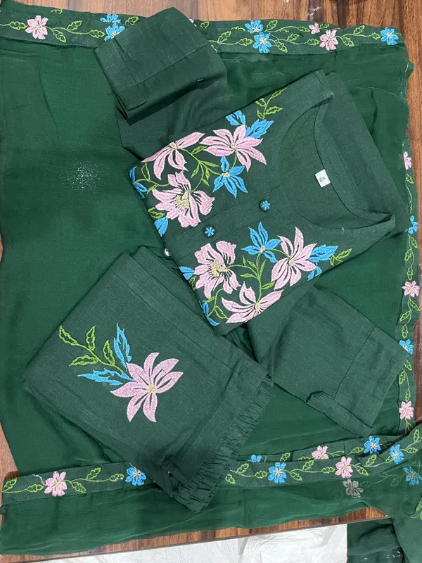 Bottle_Green_Beautiful_Cotton_Slub_Embroidered_Kurti_and_Pant_Pair_With_Dupatta_For_Women