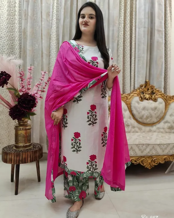 White_base_Beautiful_Cotton_Straight_Kurta_and_Pant_With_Dupatta_For_Women