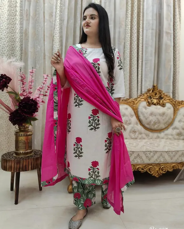 White_base_Beautiful_Cotton_Straight_Kurta_and_Pant_With_Dupatta_For_Women