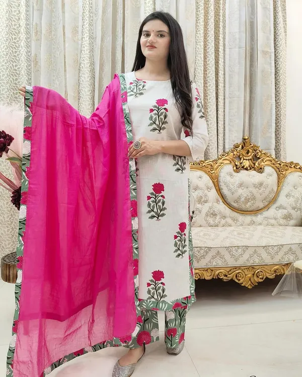 White_base_Beautiful_Cotton_Straight_Kurta_and_Pant_With_Dupatta_For_Women