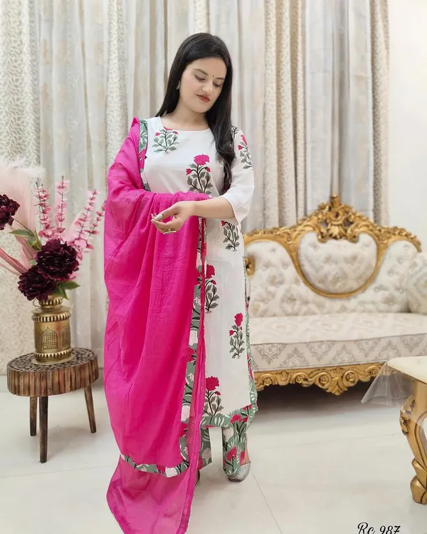 White_base_Beautiful_Cotton_Straight_Kurta_and_Pant_With_Dupatta_For_Women