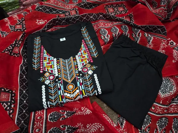 Black_Beautiful_Embroidered_Cotton_Kurti_and_Pant_Pair_With_Dupatta_For_Women