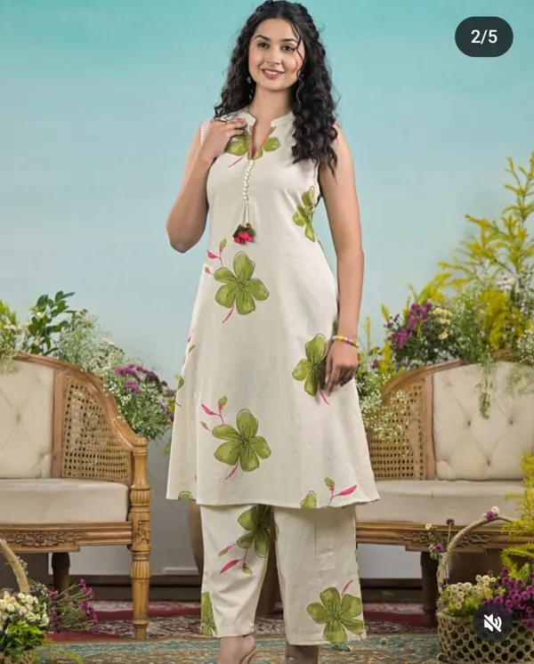 Green_Floral_Print_with_Beige_Base_Cotton_A-line_Kurta_and_Pant_Set_For_Women