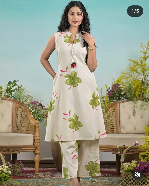 Green_Floral_Print_with_Beige_Base_Cotton_A-line_Kurta_and_Pant_Set_For_Women