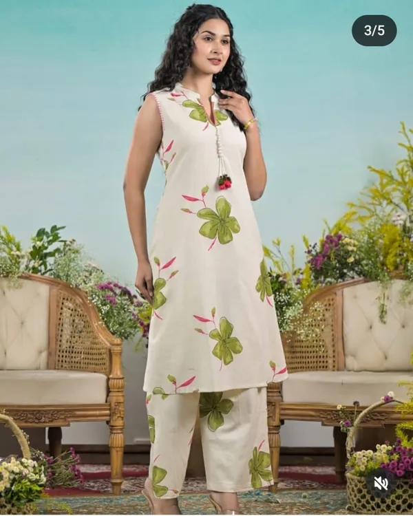 Green_Floral_Print_with_Beige_Base_Cotton_A-line_Kurta_and_Pant_Set_For_Women