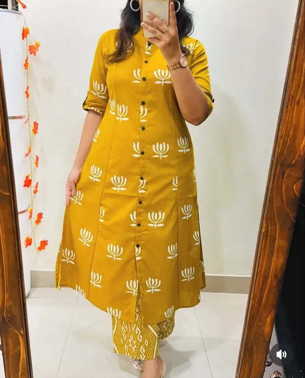 Yellow_Cotton_A-line_Pattern_Kurti_and_Pant_Set_For_Women