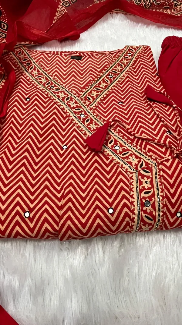 Red_Cotton_Anarkali_Style_Kurti_and_Pant_With_Dupatta_For_Women