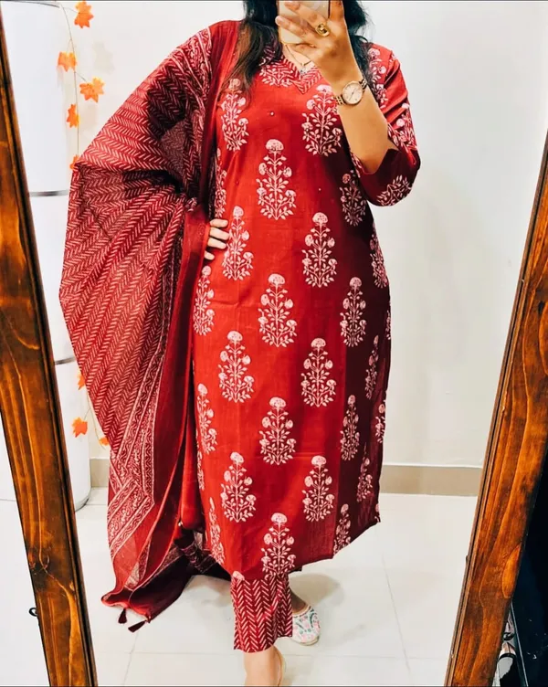 Red_Cotton_Embroidered_Kurti_and_Pant_Pair_With_Dupatta_For_Women