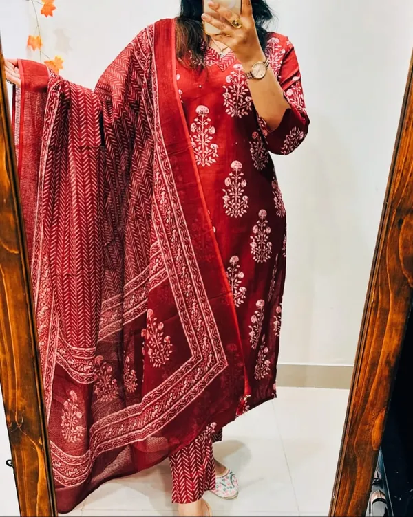 Red_Cotton_Embroidered_Kurti_and_Pant_Pair_With_Dupatta_For_Women