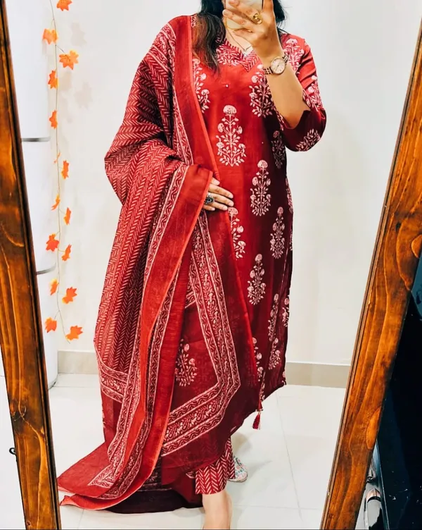 Red_Cotton_Embroidered_Kurti_and_Pant_Pair_With_Dupatta_For_Women