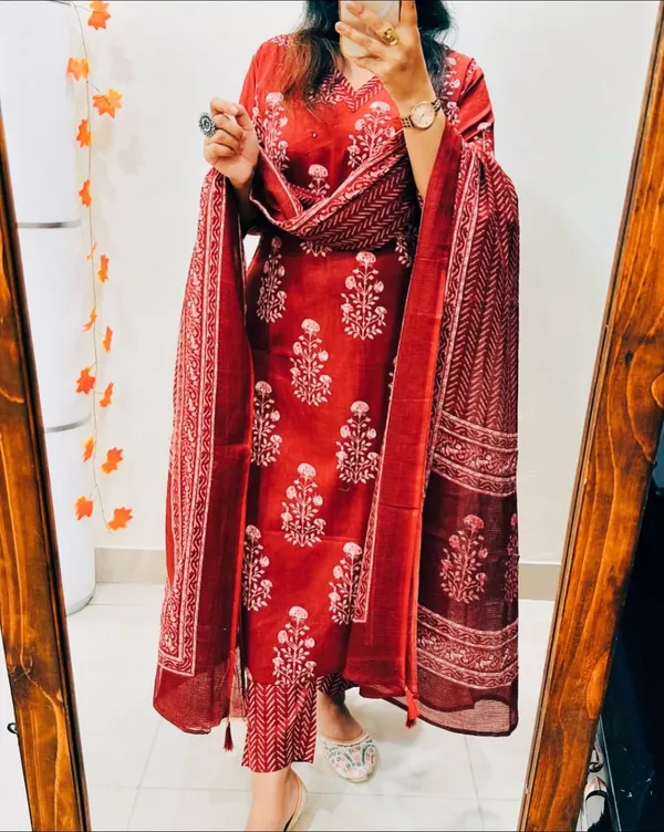 Red_Cotton_Embroidered_Kurti_and_Pant_Pair_With_Dupatta_For_Women