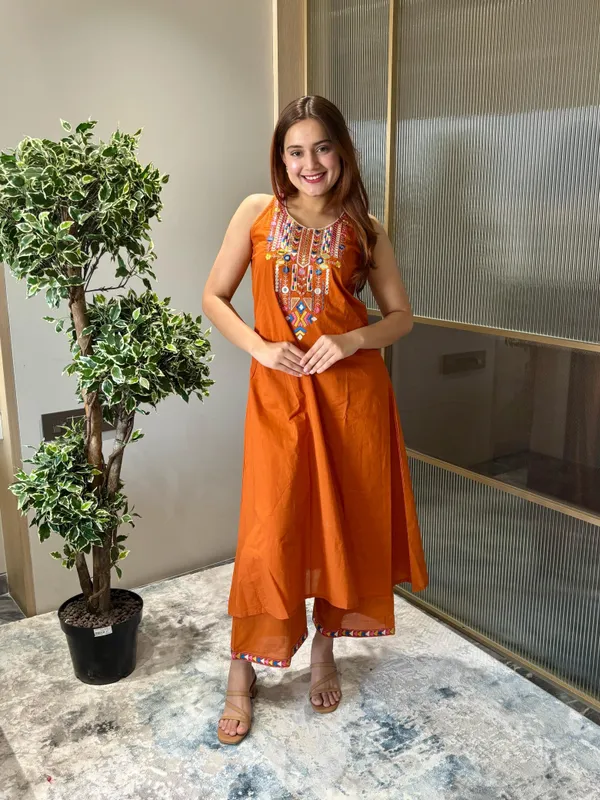 Orange_Cotton_Embroidered_Kurti_and_Pant_Set_For_Women