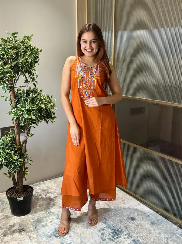 Orange_Cotton_Embroidered_Kurti_and_Pant_Set_For_Women