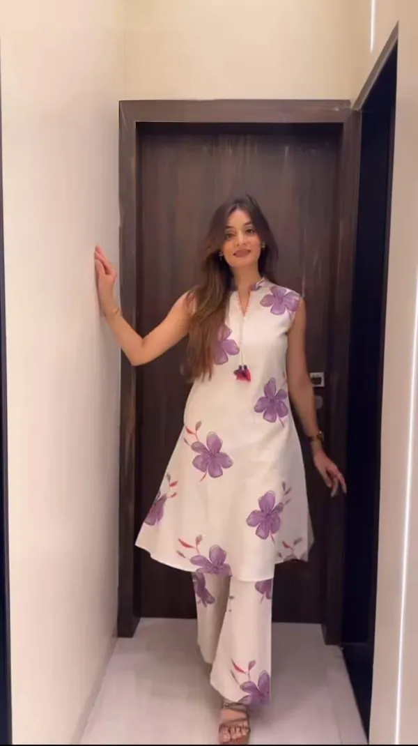 Purple_Floral_Print_on_Beige_Base_Cotton_Flex_A-Line_Kurti_and_Pant_Set_For_Women