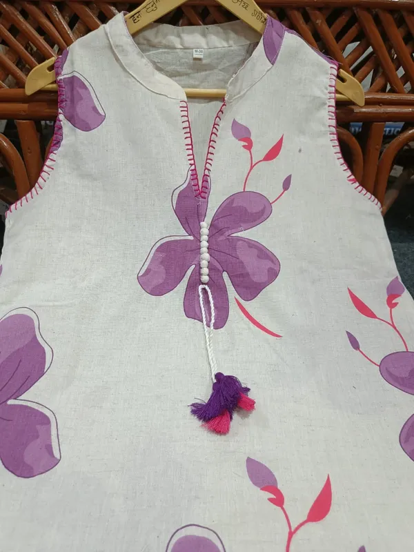 Purple_Floral_Print_on_Beige_Base_Cotton_Flex_A-Line_Kurti_and_Pant_Set_For_Women