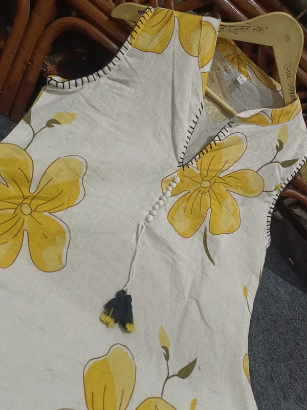 Yellow_Floral_Print_with_Beige_Base_Cotton_Flex_A-line_Kurti_and_Pant_For_Women