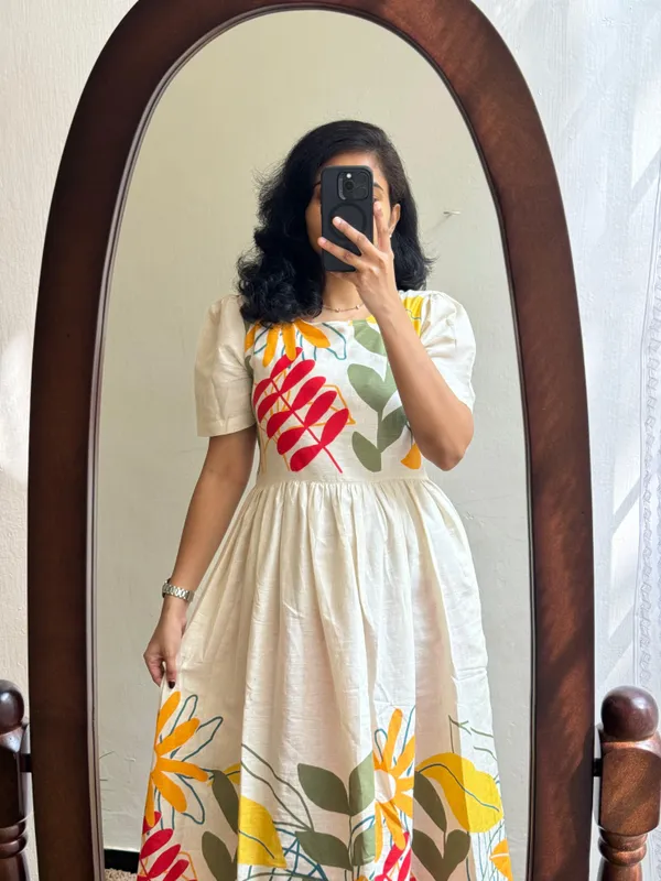 Off-white_Cotton_Flax_Beautiful_Floral_Print_Midi/Dress_For_Women