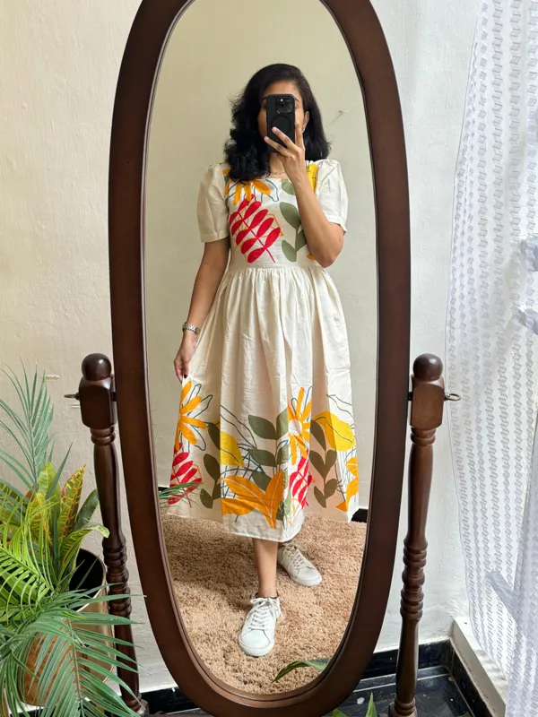 Off-white_Cotton_Flax_Beautiful_Floral_Print_Midi/Dress_For_Women