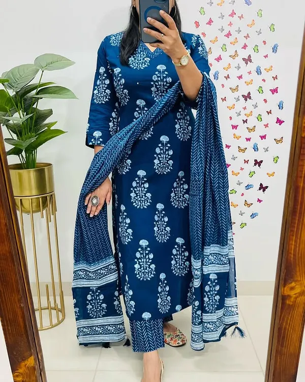 Blue_Cotton_Kurti_and_Pant_With_Dupatta_For_Women