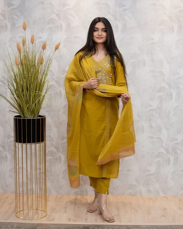 Yellow_Cotton_Kurti_and_Pant_With_Dupatta_For_Women