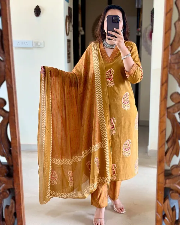 Brown_Cotton_Kurti_and_Pant_With_Dupatta_Set_For_Women