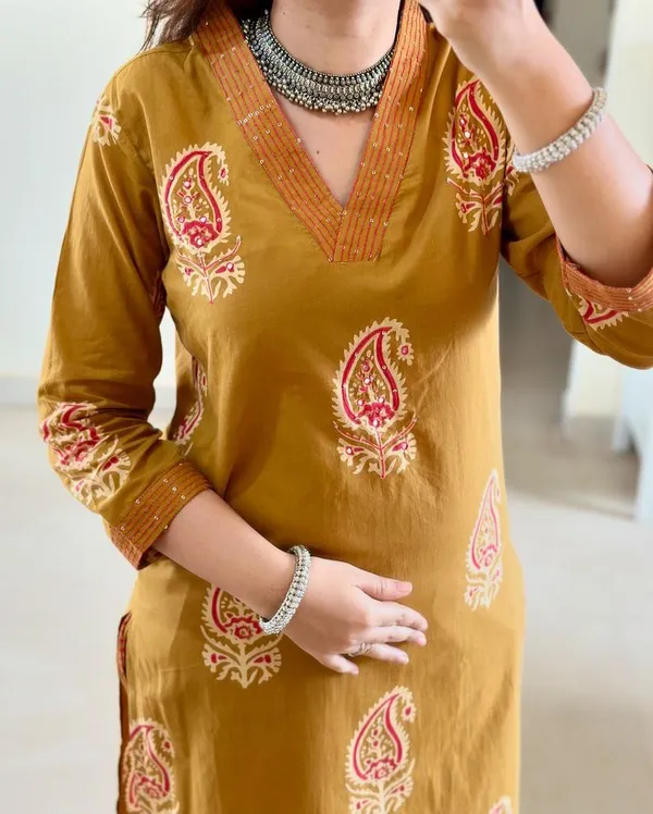 Brown_Cotton_Kurti_and_Pant_With_Dupatta_Set_For_Women