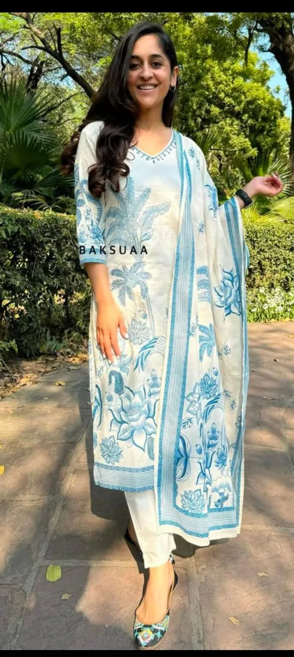 White_and_Blue_Cotton_Kurti_and_Pant_with_Dupatta_For_Women