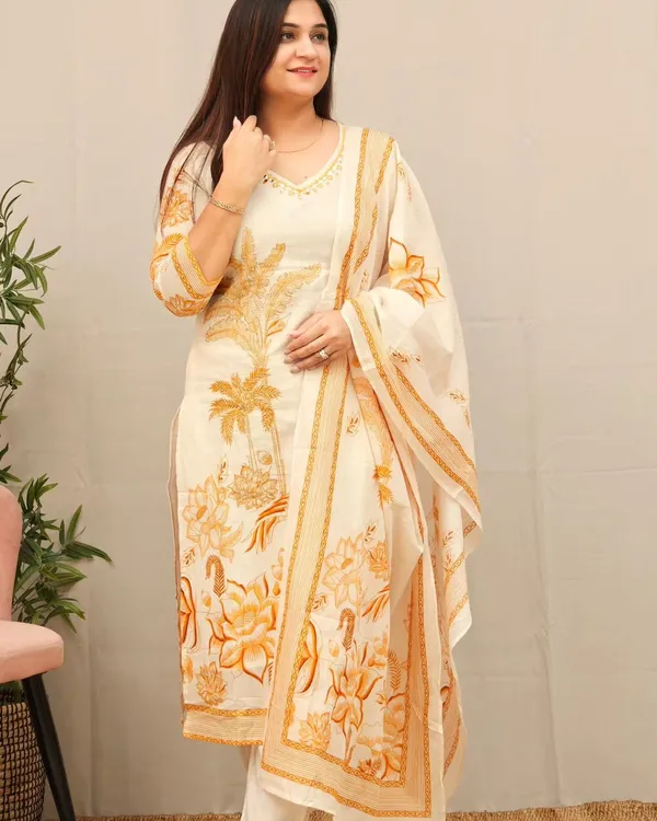 White_and_Brown_Cotton_Kurti_and_Pant_with_Dupatta_For_Women