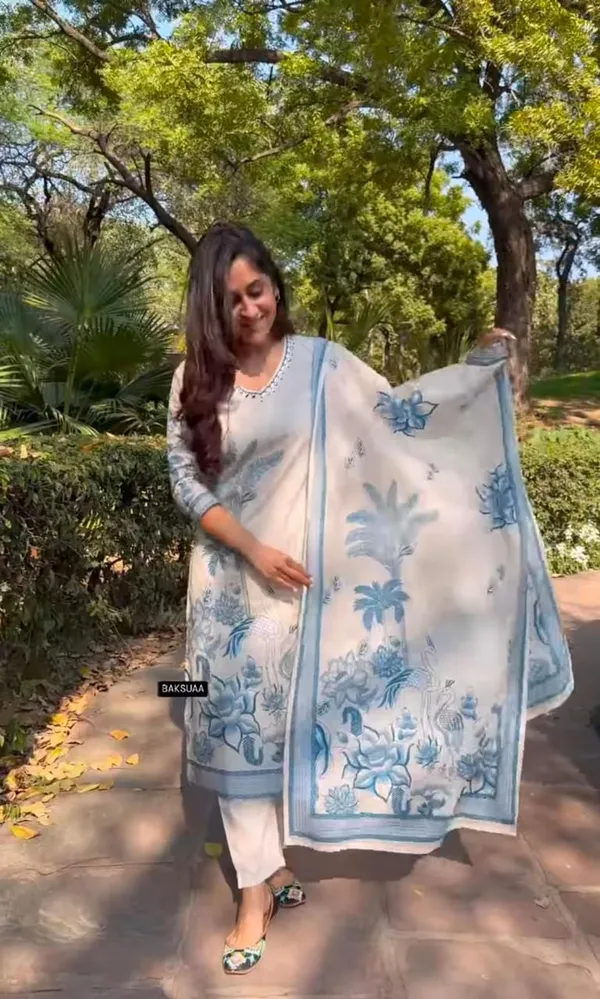White_and_Blue_Cotton_Kurti_and_Pant_with_Dupatta_For_Women