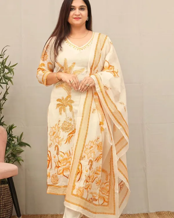 White_and_Brown_Cotton_Kurti_and_Pant_with_Dupatta_For_Women