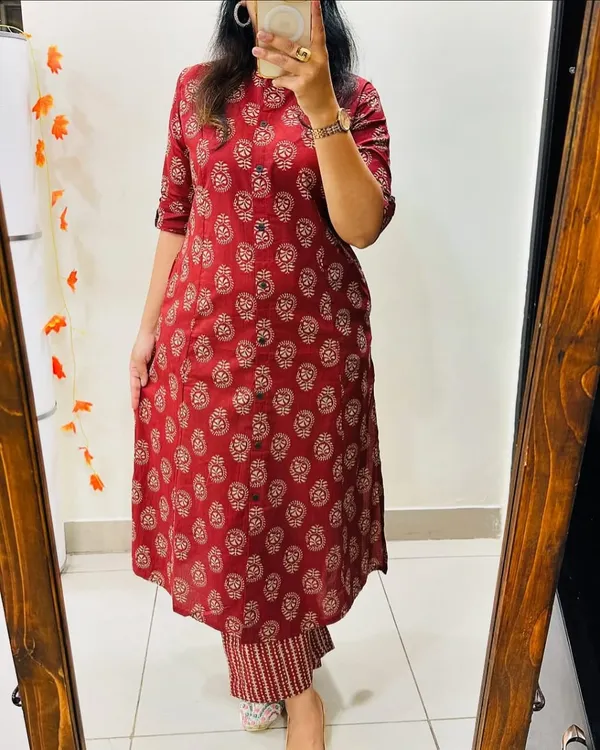 Red_Cotton_Printed_A-Line_Kurta_and_Pant_Set_For_Women