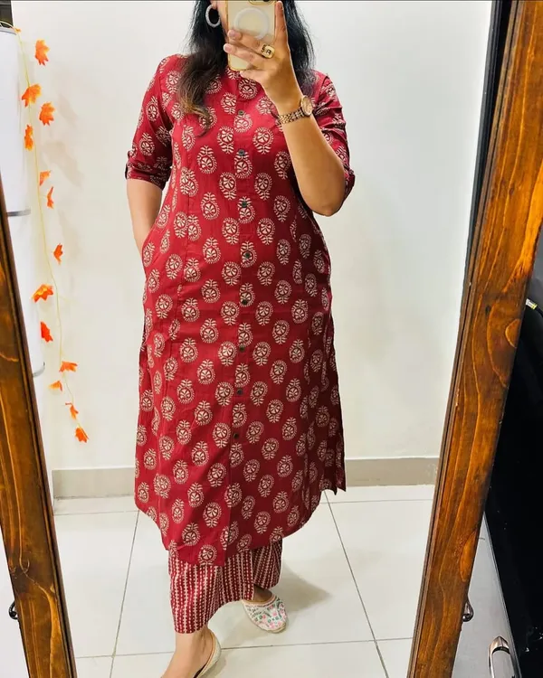 Red_Cotton_Printed_A-Line_Kurta_and_Pant_Set_For_Women