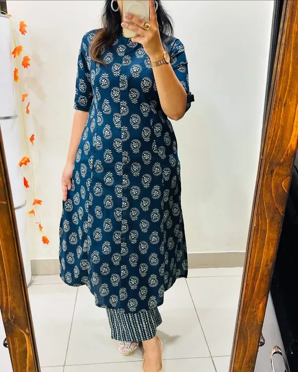 Blue_Cotton_Printed_A-Line_Kurti_and_Pant_Set_For_Women