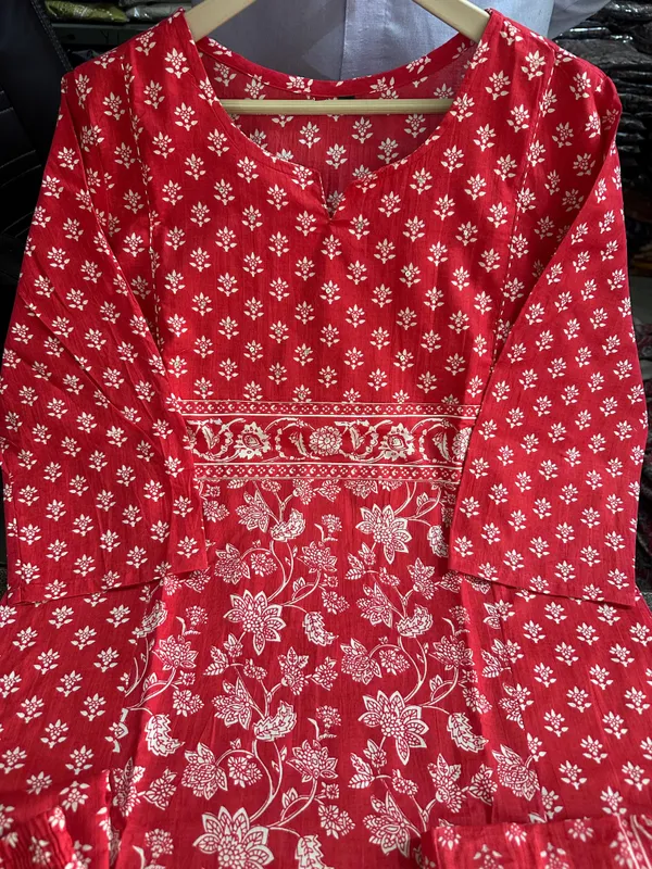 Red_Cotton_Printed_Kurti_and_Pant_With_Dupatta_For_Women