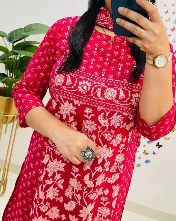 Red_Cotton_Printed_Kurti_and_Pant_With_Dupatta_For_Women