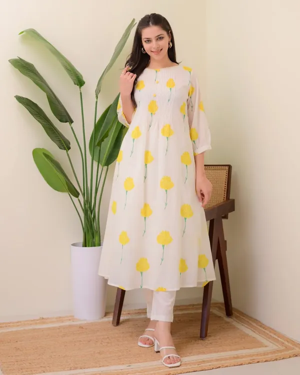 White_Base_with_Yellow_Floral_Cotton_Printed_Kurti_and_Pant_Set_For_Women