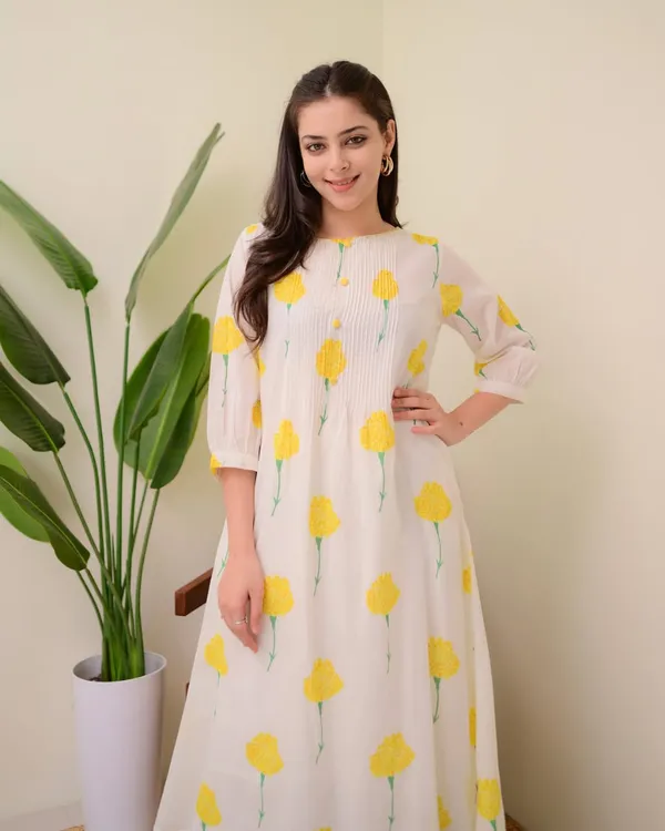 White_Base_with_Yellow_Floral_Cotton_Printed_Kurti_and_Pant_Set_For_Women
