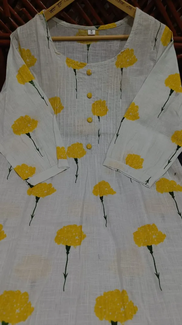 White_Base_with_Yellow_Floral_Cotton_Printed_Kurti_and_Pant_Set_For_Women