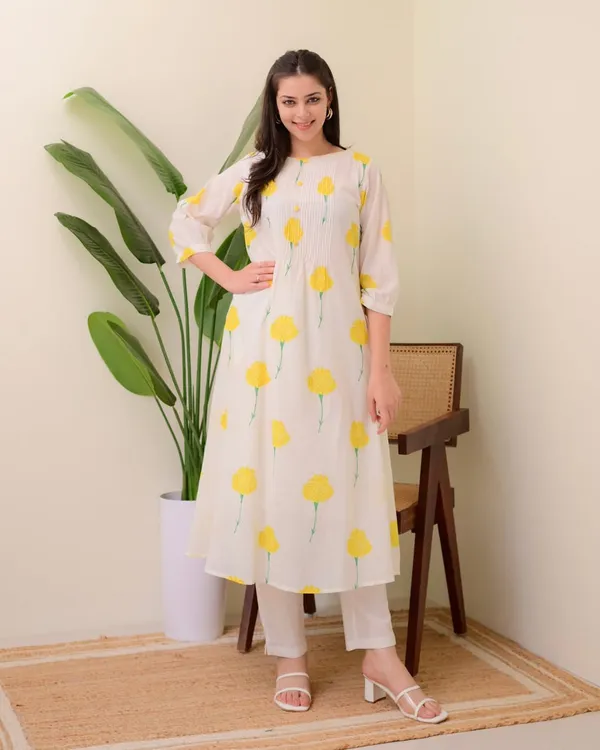 White_Base_with_Yellow_Floral_Cotton_Printed_Kurti_and_Pant_Set_For_Women
