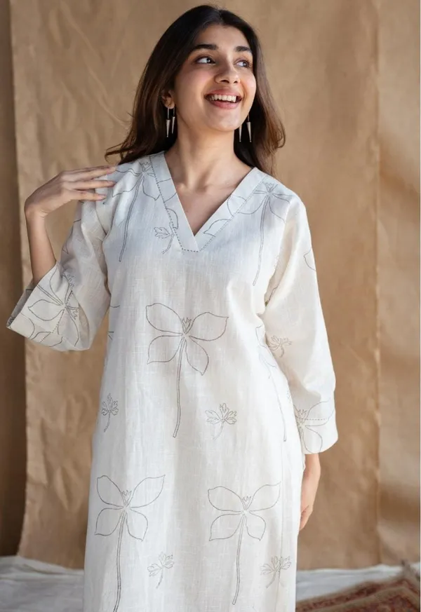 Cream_Cotton_Self_Print_Kurti_and_Plazzo_For_Women