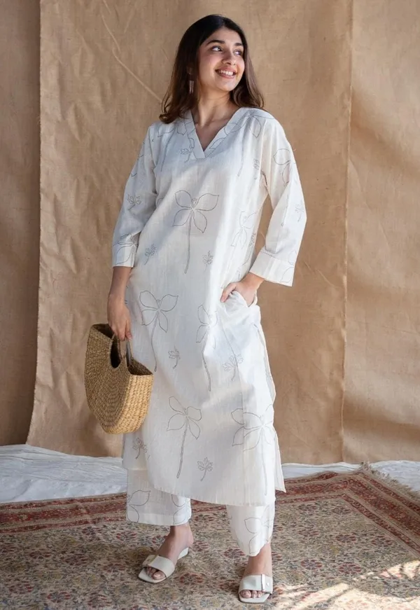 Cream_Cotton_Self_Print_Kurti_and_Plazzo_For_Women