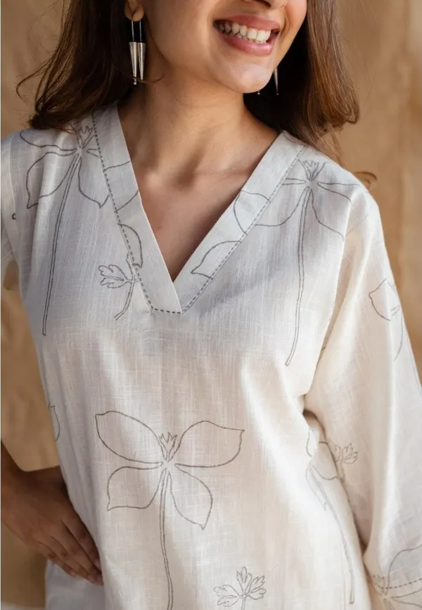 Cream_Cotton_Self_Print_Kurti_and_Plazzo_For_Women